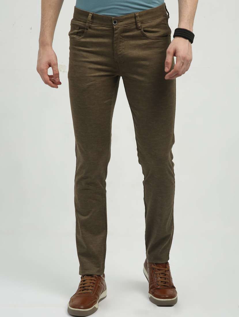 men solid olive cotton slim fit casual trouser