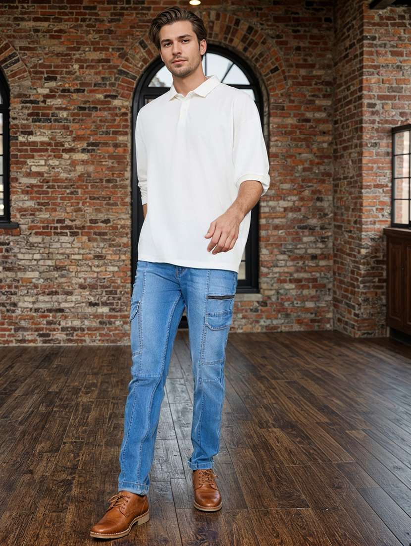 men solid blue cargo plain jeans