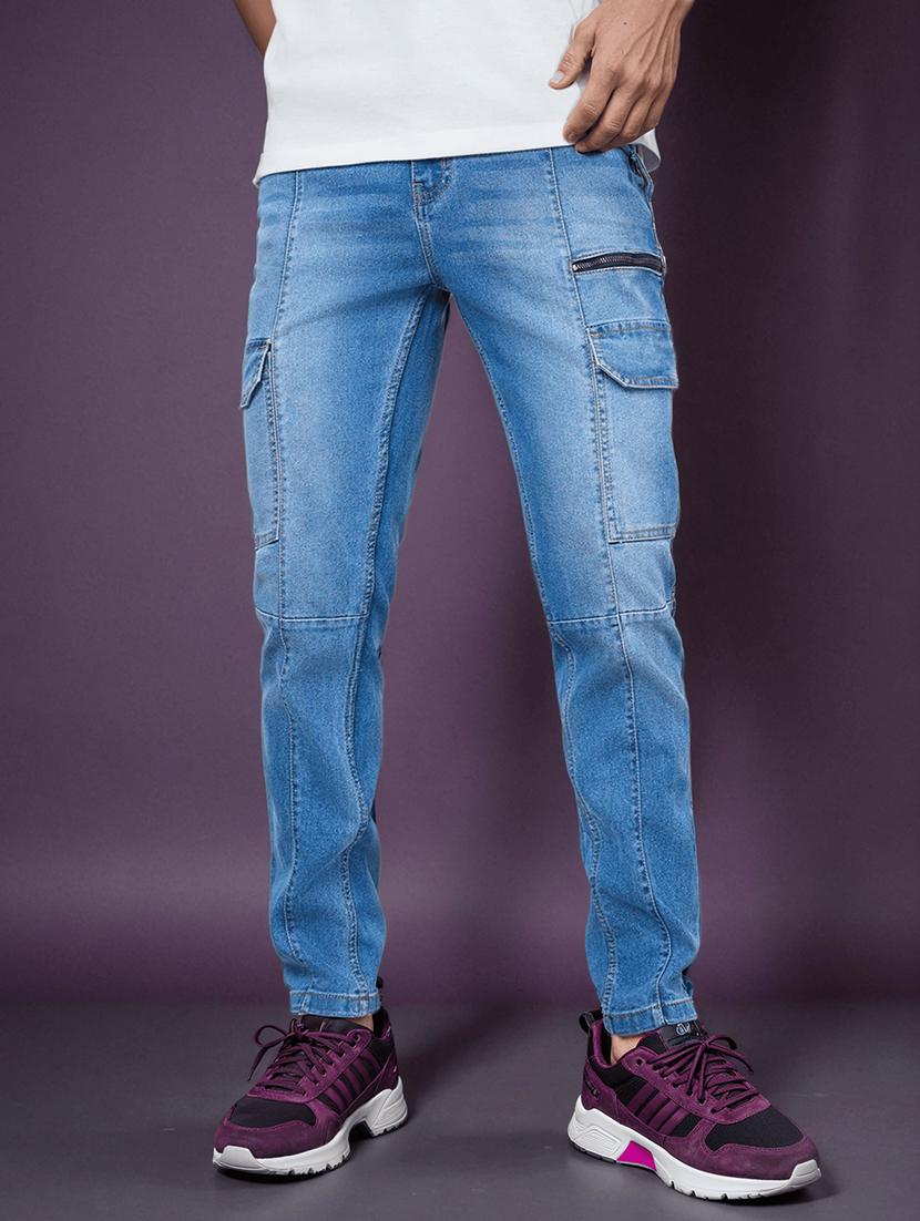 men solid blue cargo plain jeans - 20519938 - Standard Image - 4