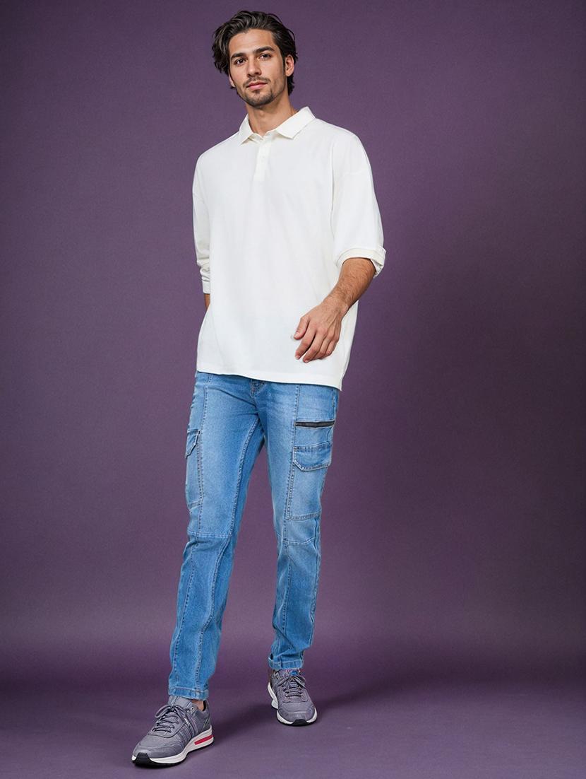 men solid blue cargo plain jeans - 20519938 - Standard Image - 6