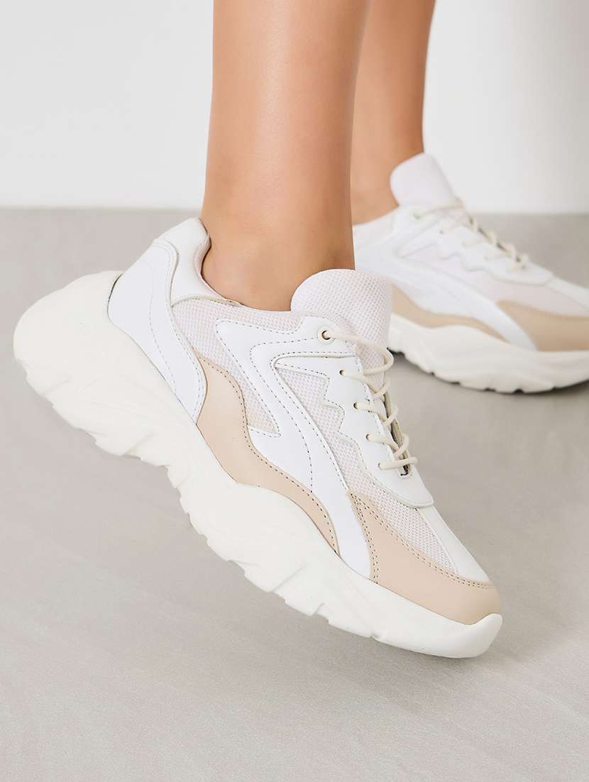 Buy online Women White Beige Lace-up Sneakers from Sports Shoes