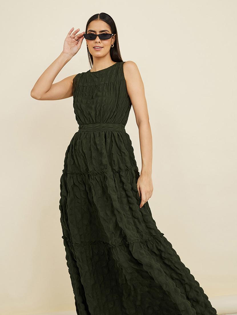 olive polyester crushed maxi dress - 20533385 - Standard Image - 1