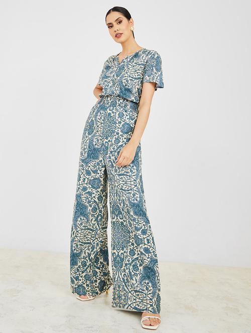white & blue viscose full leg jumpsuit - 20533498 - Standard Image - 0
