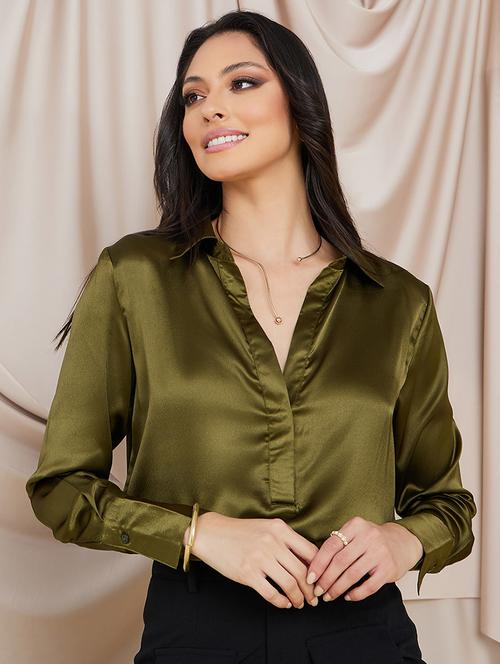 women olive satin regular shirt - 20533832 -  Standard Image - 0