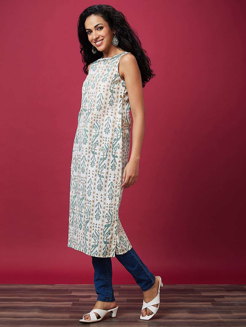 off white printed straight kurta - 20533978 -  Standard Image - 1