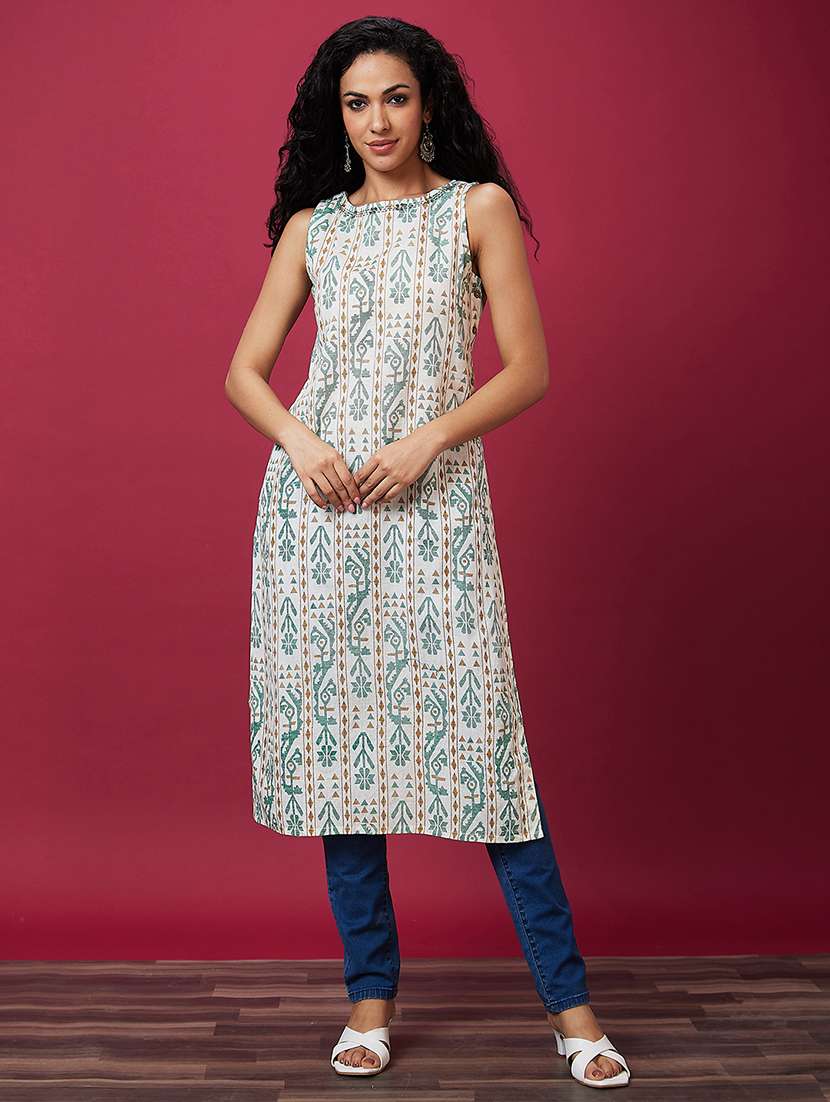 off white printed straight kurta - 20533978 - Standard Image - 4