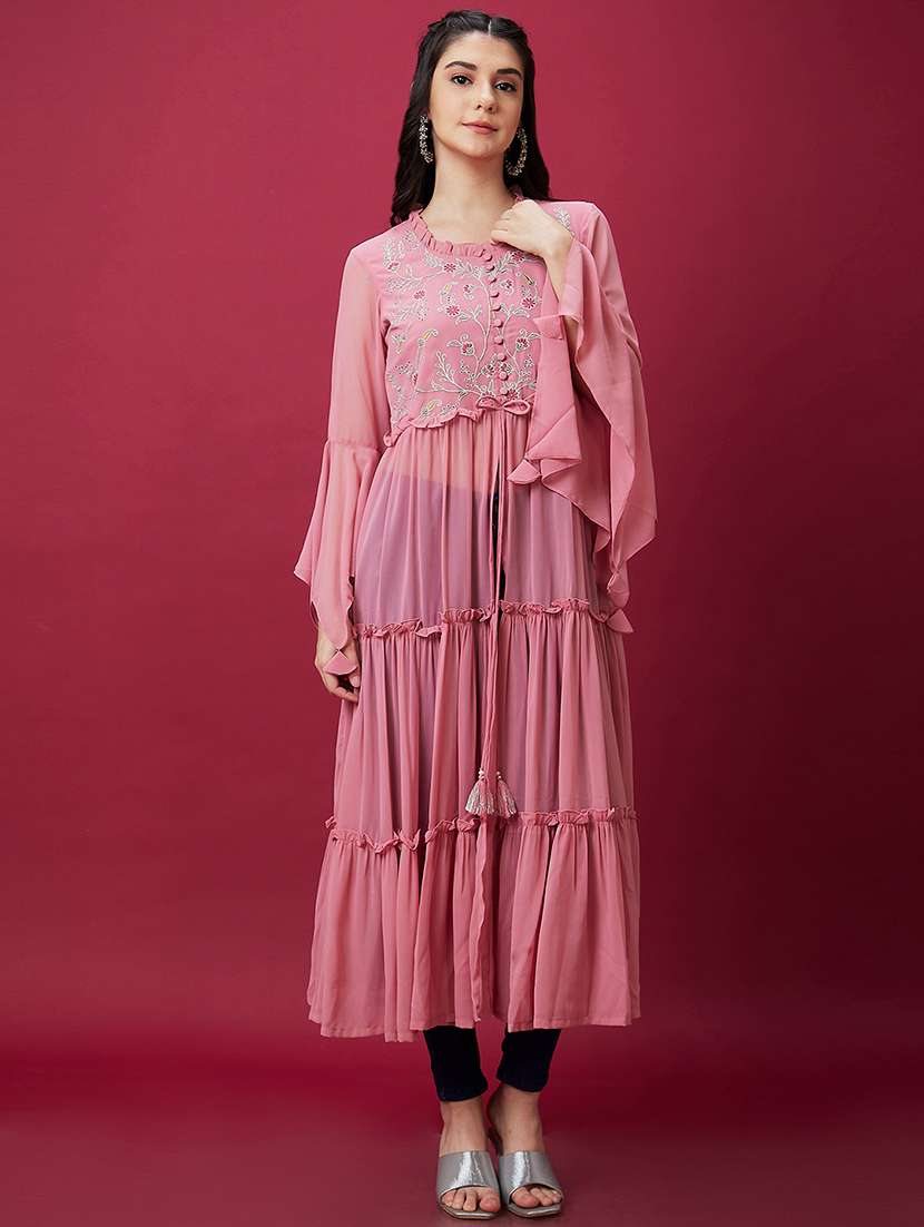 pink embroidered front slit kurta