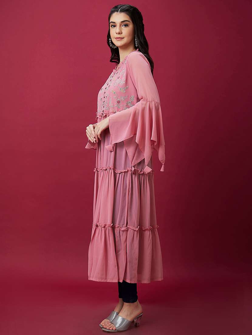 pink embroidered front slit kurta - 20534171 -  Standard Image - 1
