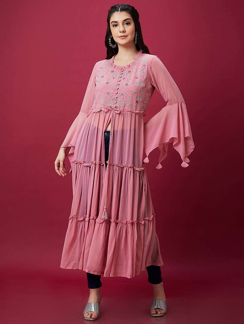 pink embroidered front slit kurta - 20534171 -  Standard Image - 4