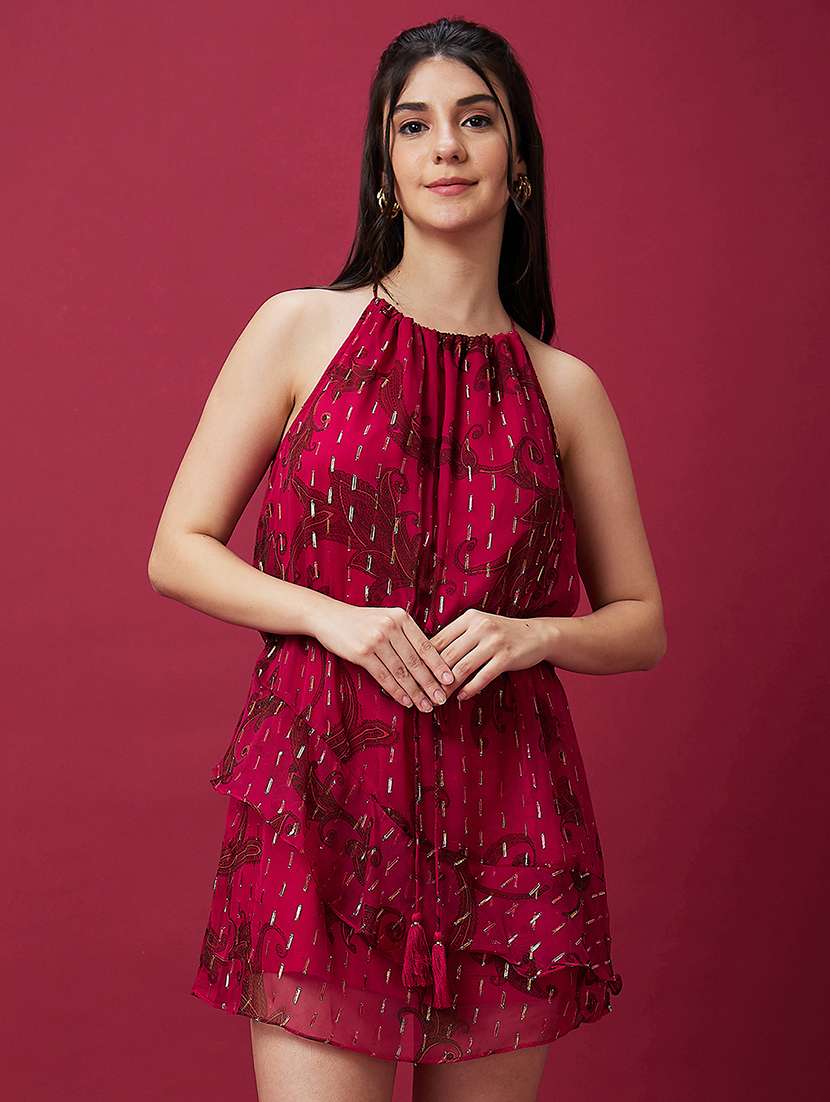 globus women pink halter neck ethnic print waist tie-ups a-line mini party dress - 20534220 -  Standard Image - 1