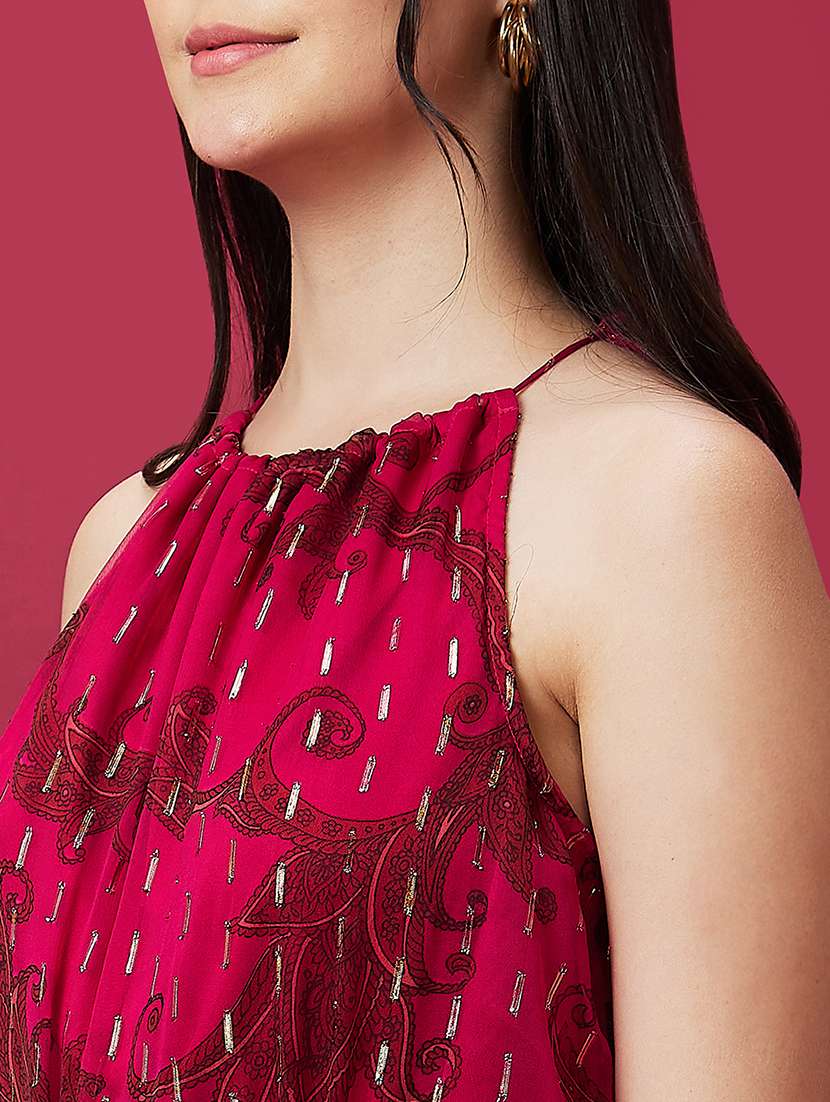 globus women pink halter neck ethnic print waist tie-ups a-line mini party dress - 20534220 - Standard Image - 6