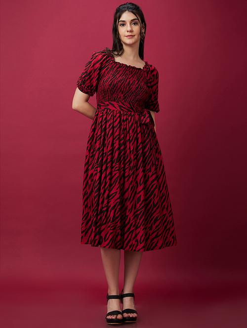 globus women black animal print smocked fit & flare belted midi dress - 20534222 -  Standard Image - 0
