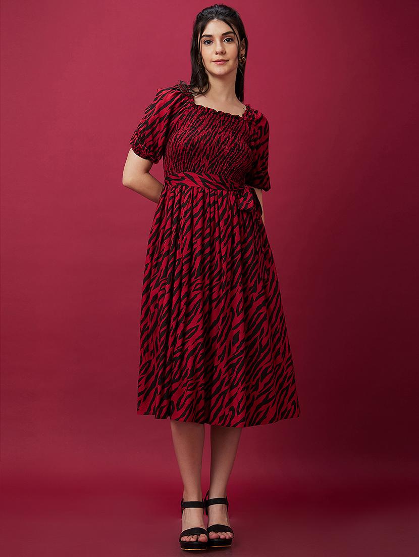 globus women black animal print smocked fit & flare belted midi dress - 20534222 -  Zoom Image - 0