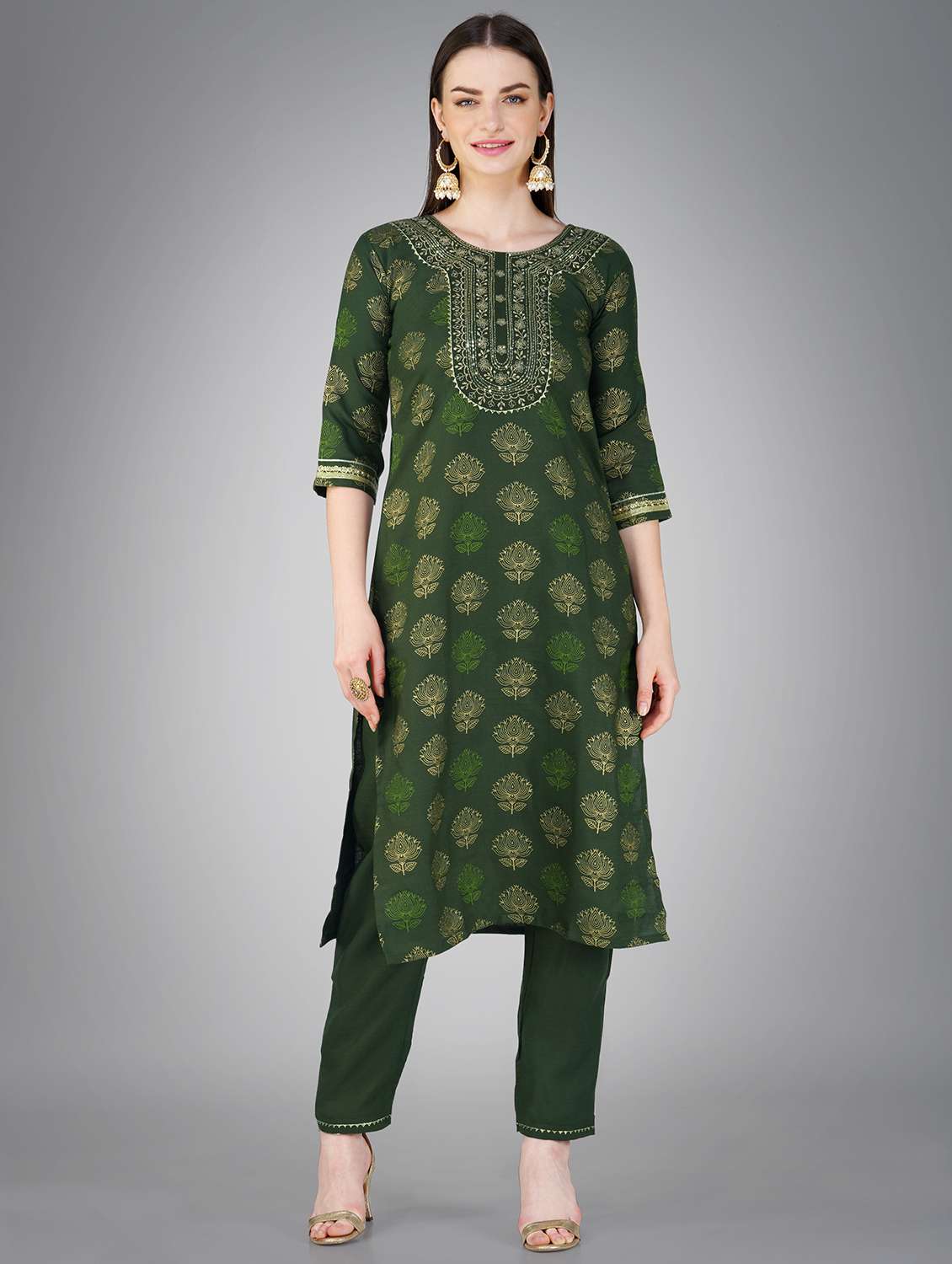 olive cotton blend kurta pant  set - 20534288 -  Standard Image - 1