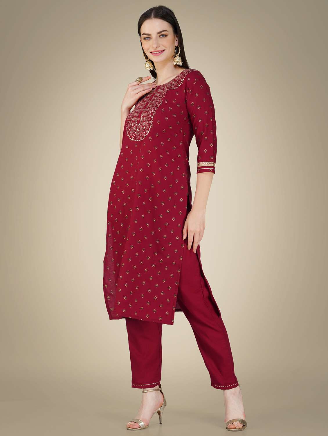 maroon cotton blend kurta pant  set - 20534289 -  Standard Image - 1
