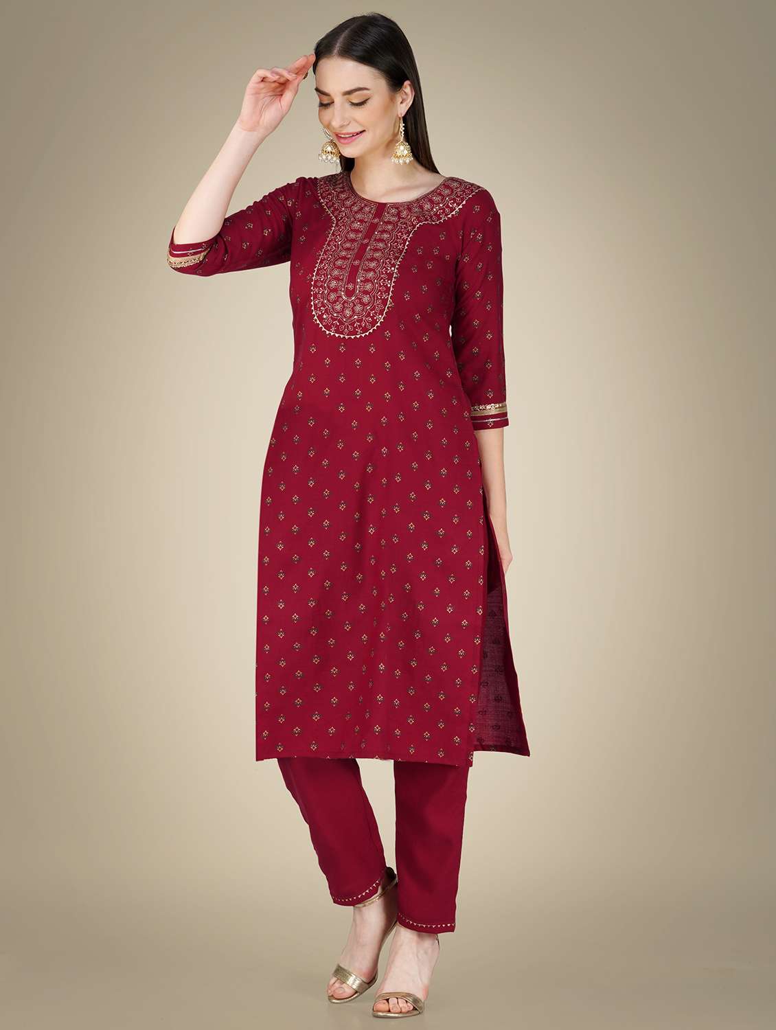 maroon cotton blend kurta pant  set - 20534289 -  Standard Image - 4