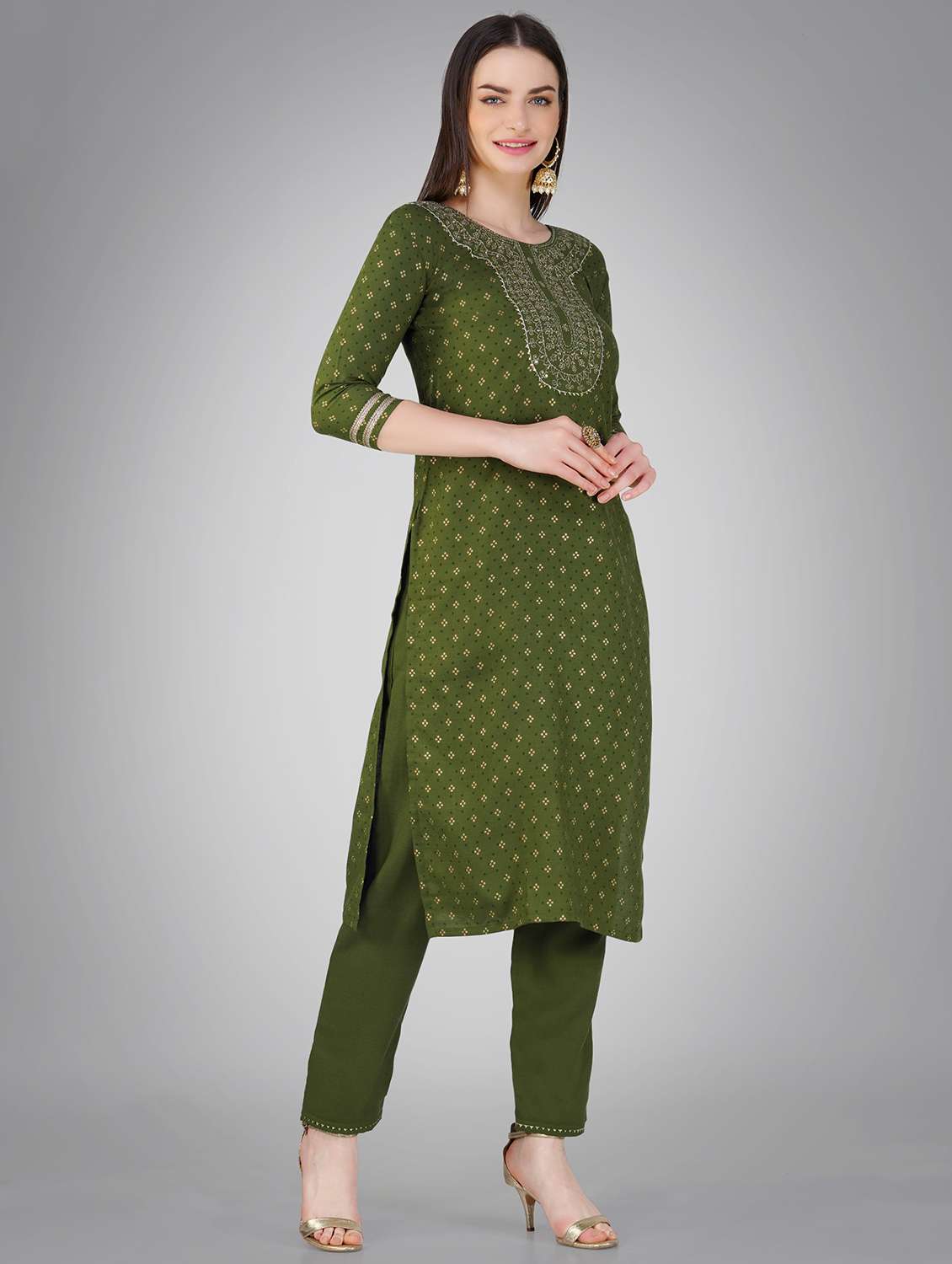women bottle green round neck kurta pant set  - 20534290 -  Standard Image - 1