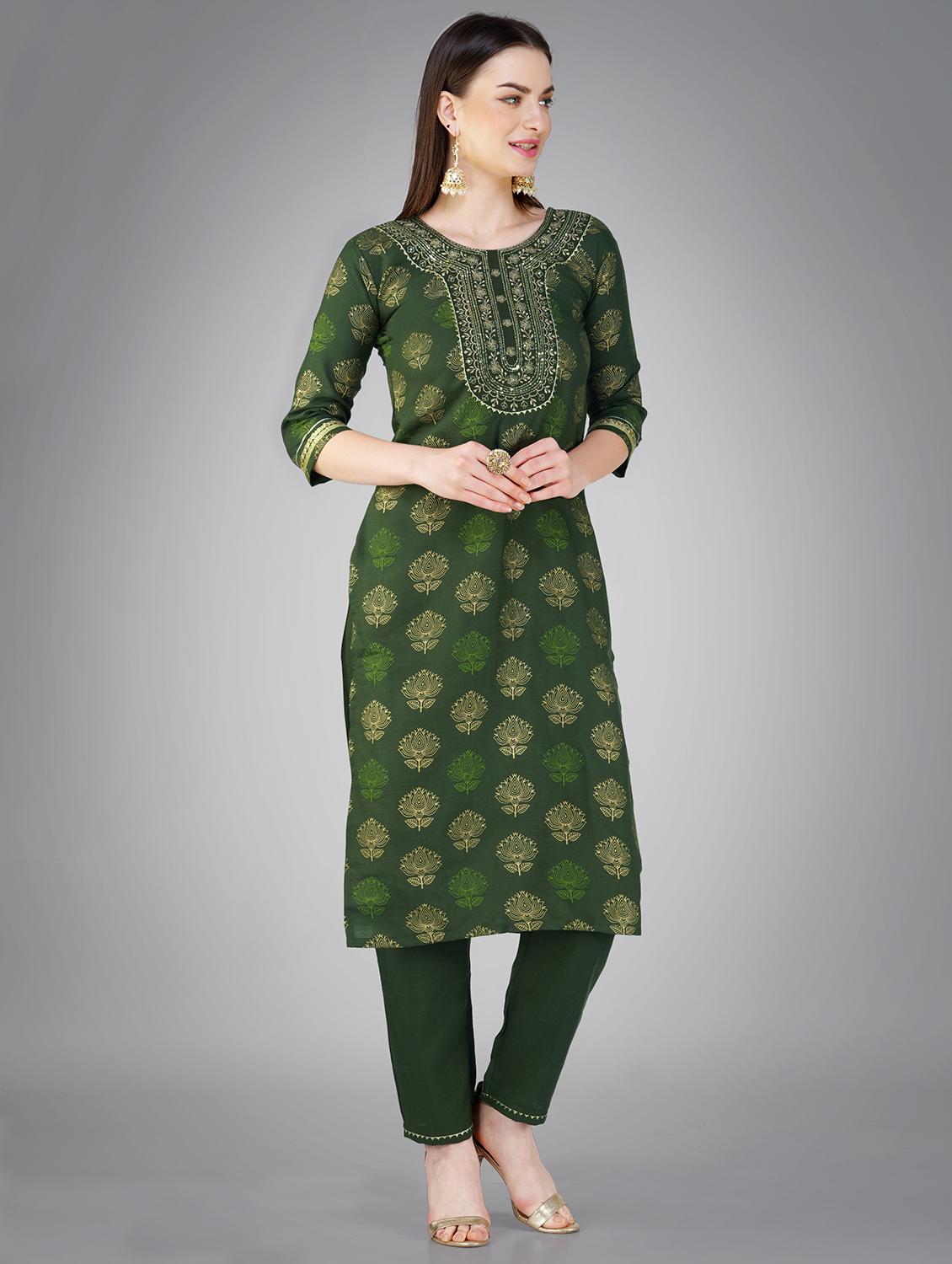 olive cotton blend kurta pant set - 20534298 - Standard Image - 1