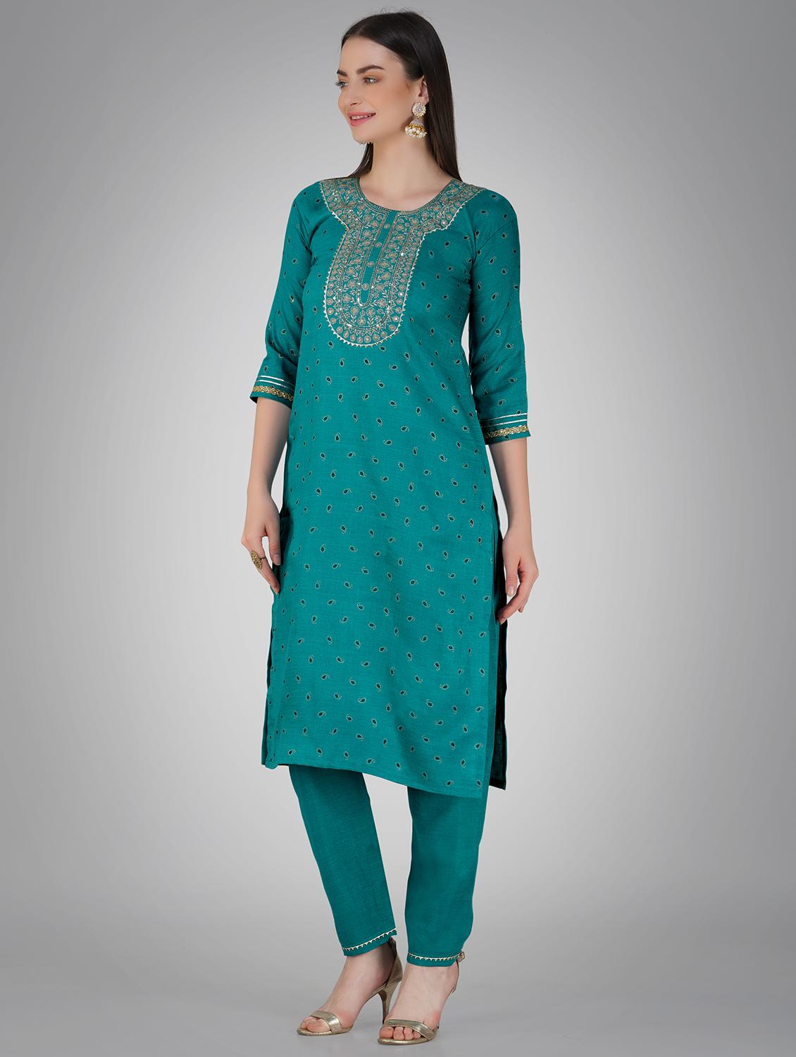 light blue cotton blend kurta pant set - 20534304 - Standard Image - 1
