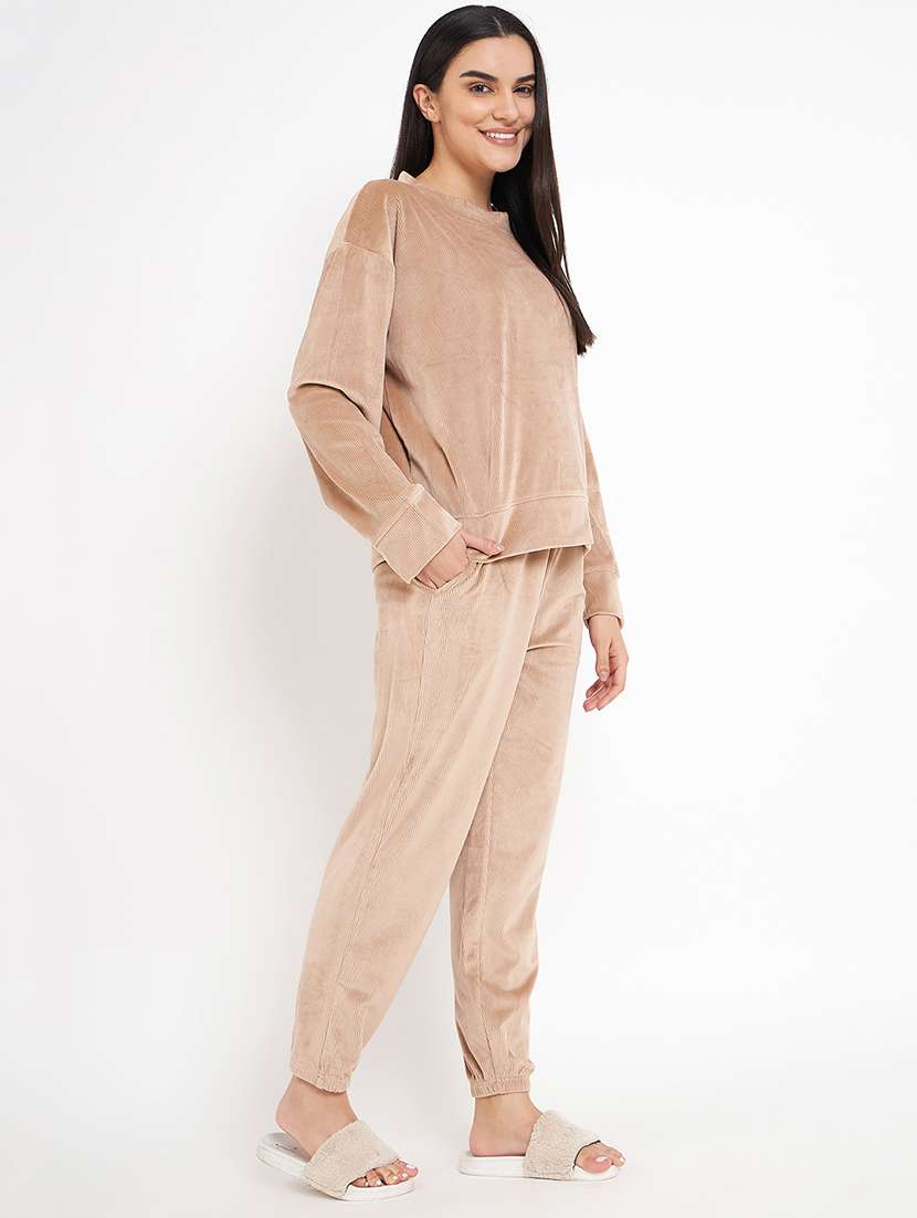 women long sleeved solid nightwear pyjama set - 20534307 -  Standard Image - 1