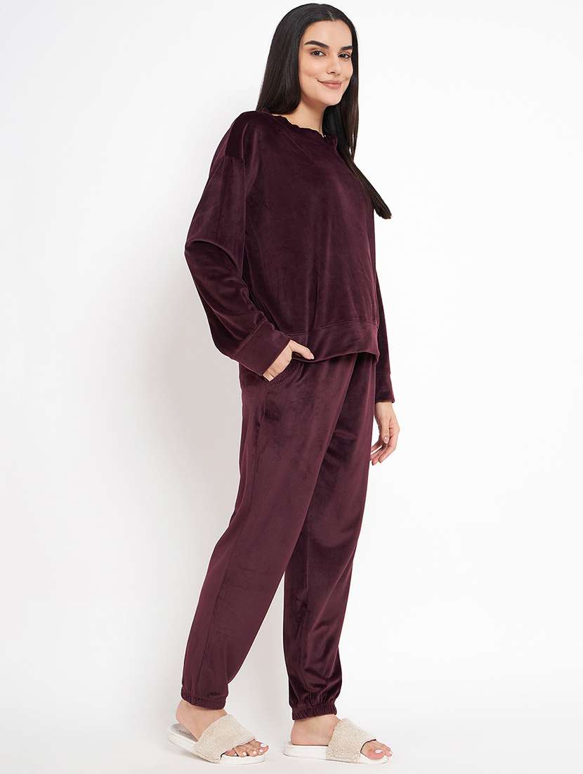 women long sleeved solid nightwear pyjama set - 20534308 -  Standard Image - 1