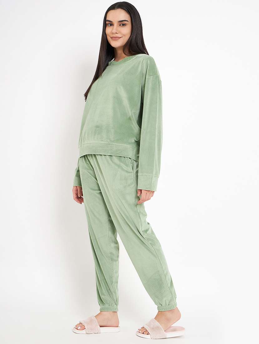 women long sleeved solid nightwear pyjama set - 20534309 -  Standard Image - 1