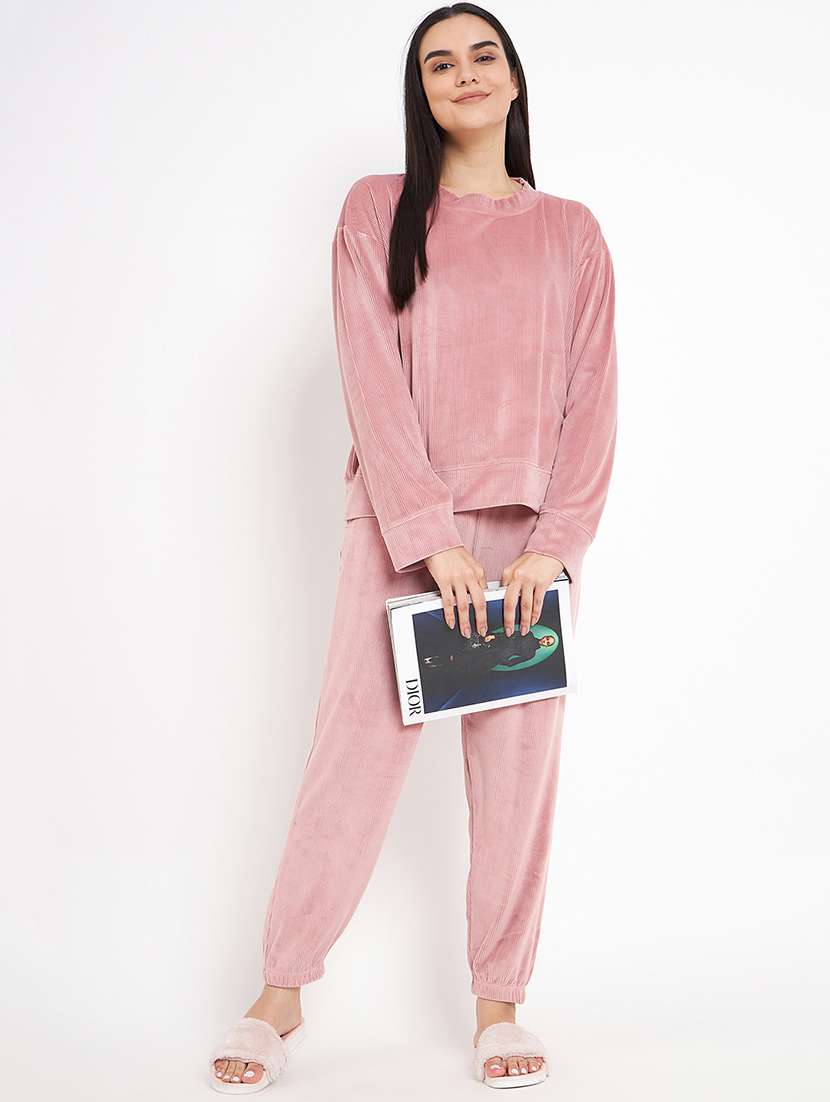 women long sleeved solid nightwear pyjama set