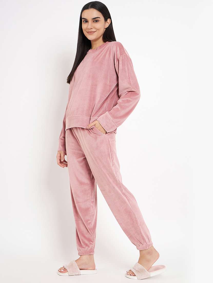 women long sleeved solid nightwear pyjama set - 20534312 -  Standard Image - 1