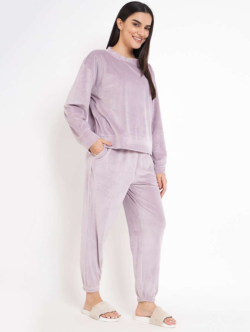 women long sleeved solid nightwear pyjama set - 20534313 -  Standard Image - 1