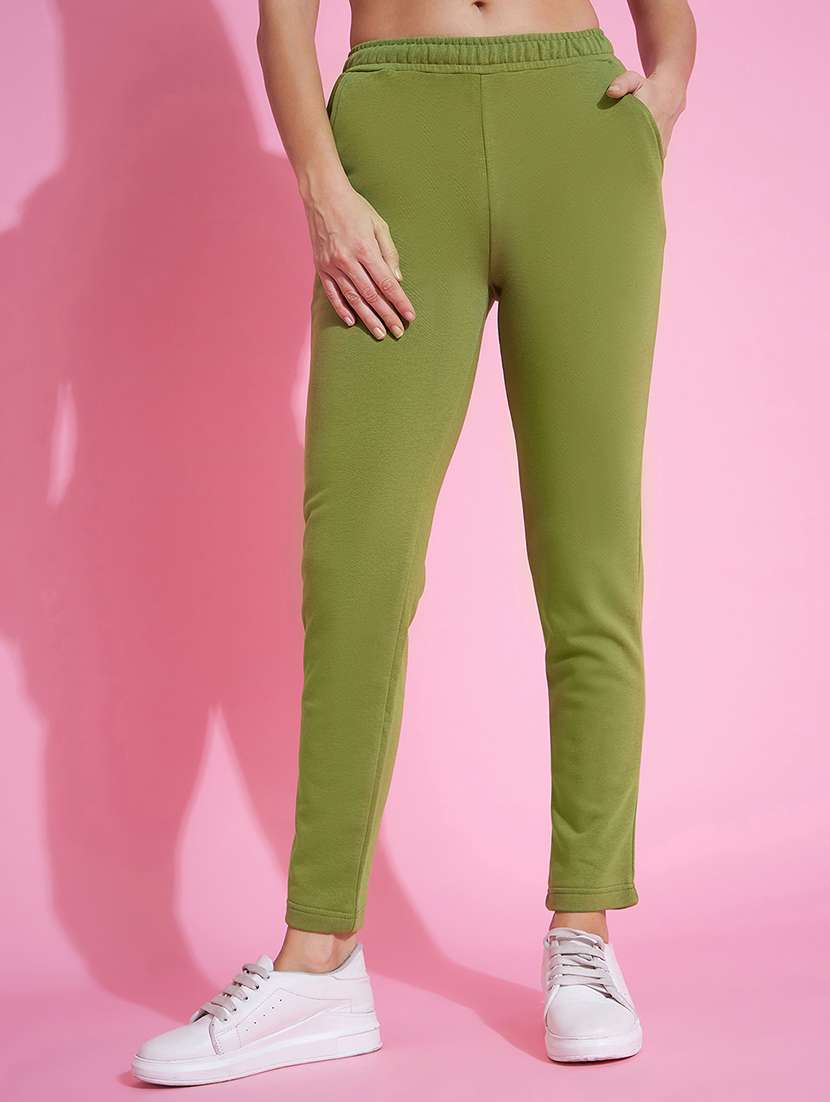 women olive green cotton track pant