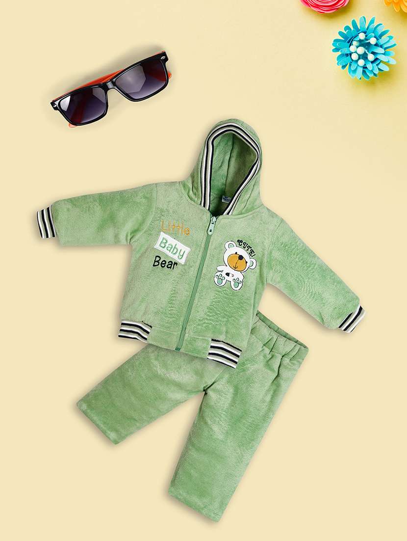 kids green embroidery detailed zipper hoodie & pyjama set