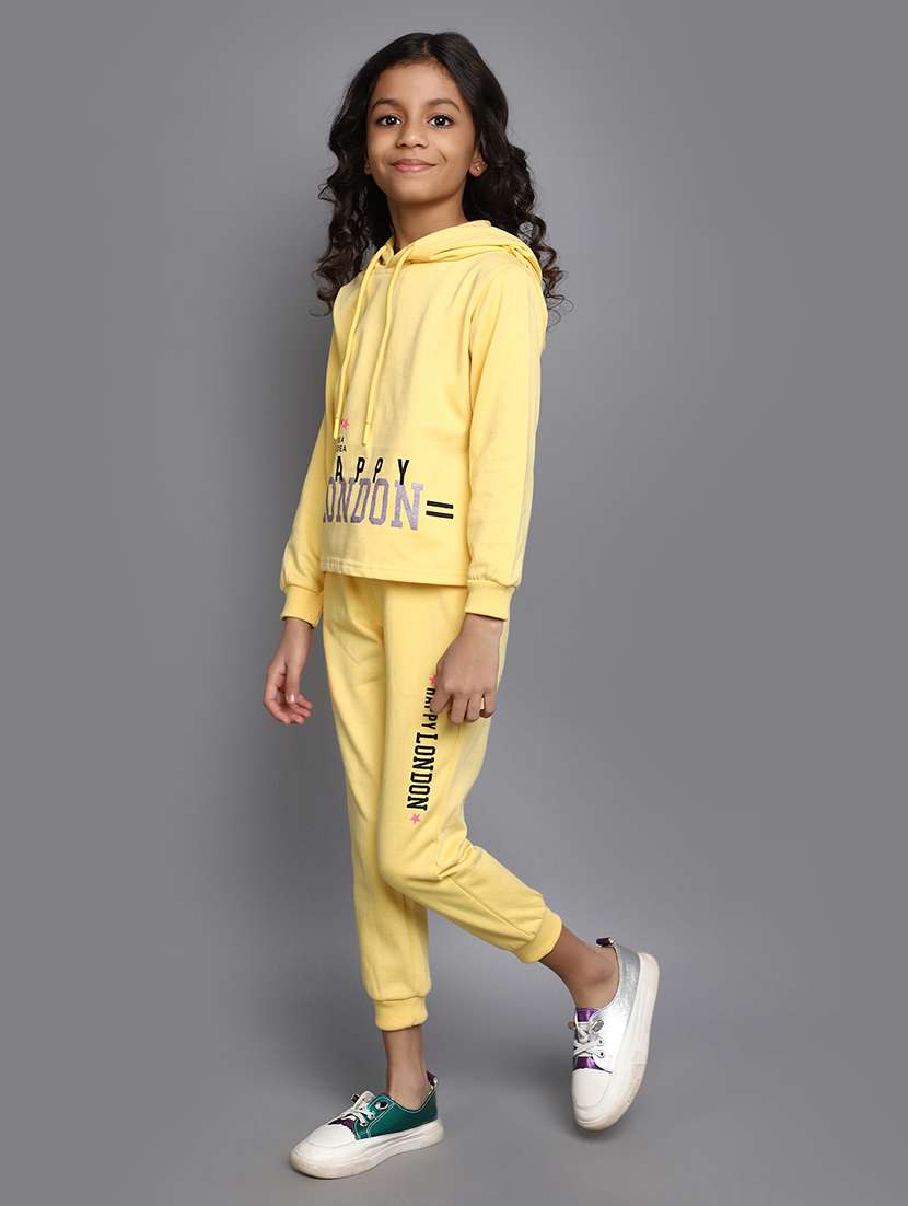 girls yellow front typographic printed hooded top & trouser set - 20534487 -  Standard Image - 1