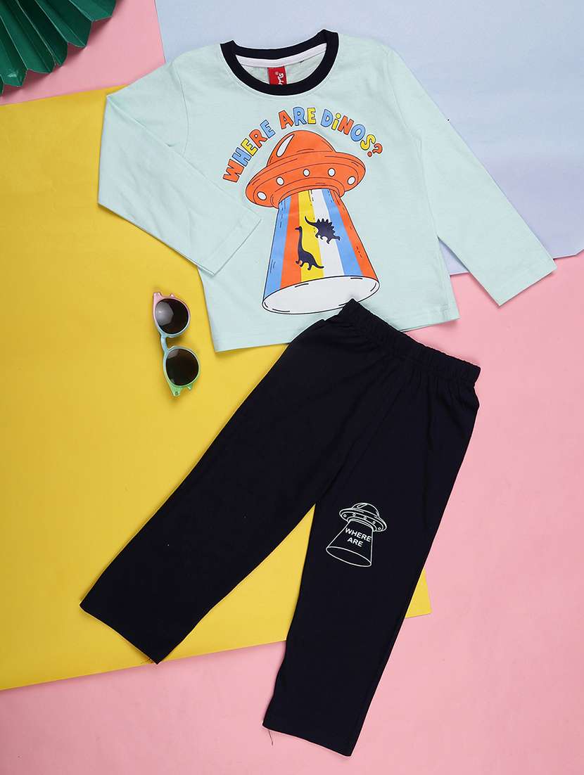 boys blue front graphic printed t-shirt & pyjama set