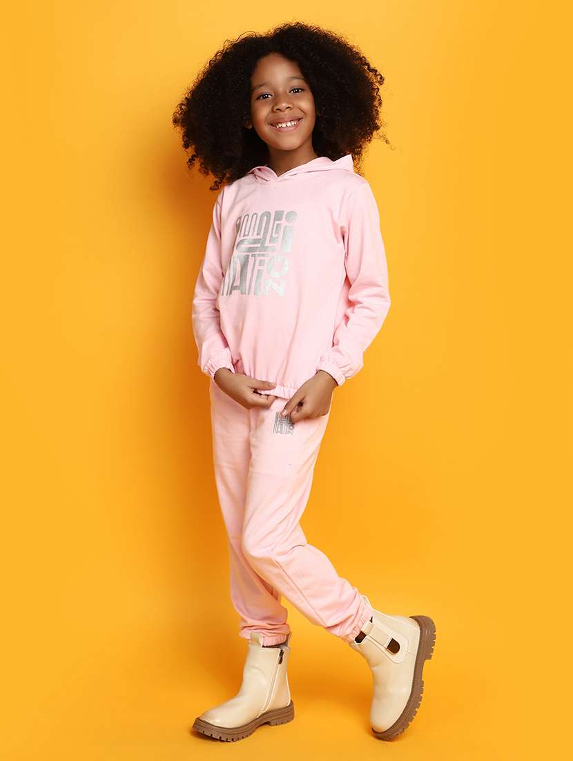 girls front typographic detailed hooded top & trouser set - 20534598 -  Standard Image - 1