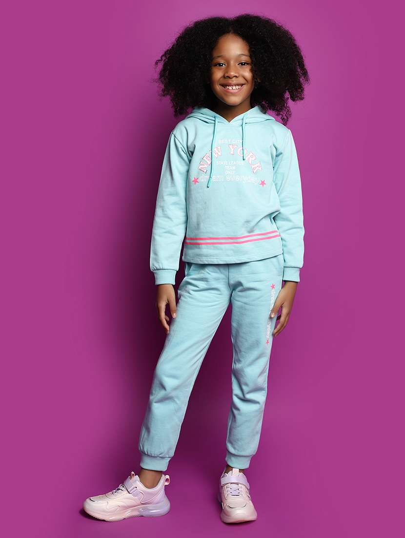 girls front typographic print hooded top & trouser set