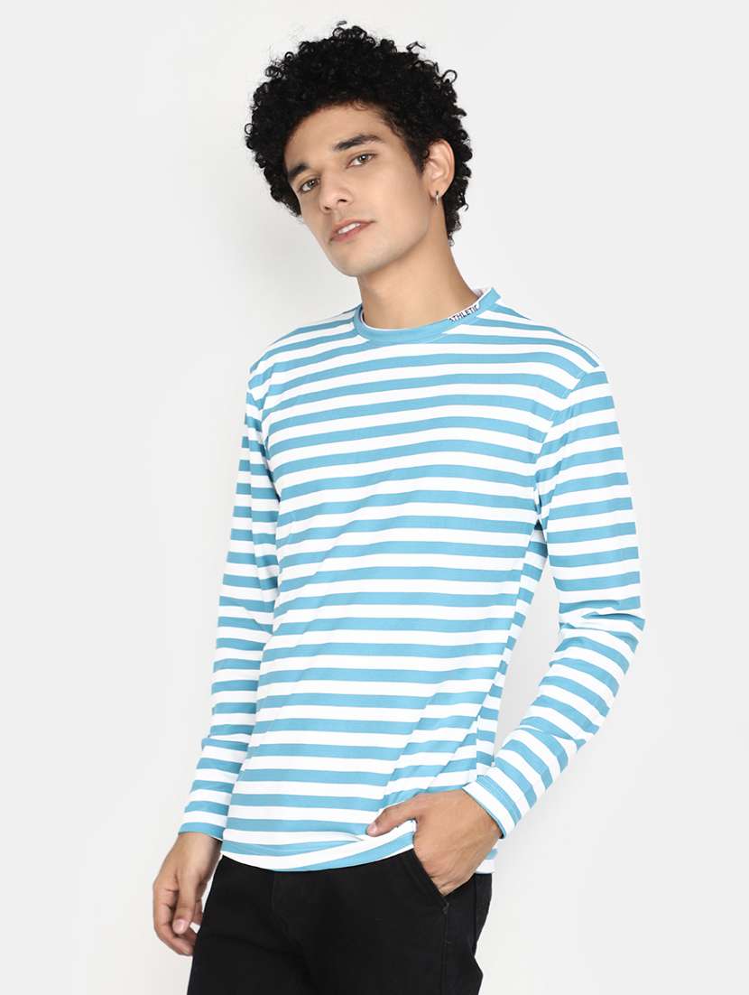 Buy online Men Blue White Striped T-shirt from top wear for Men