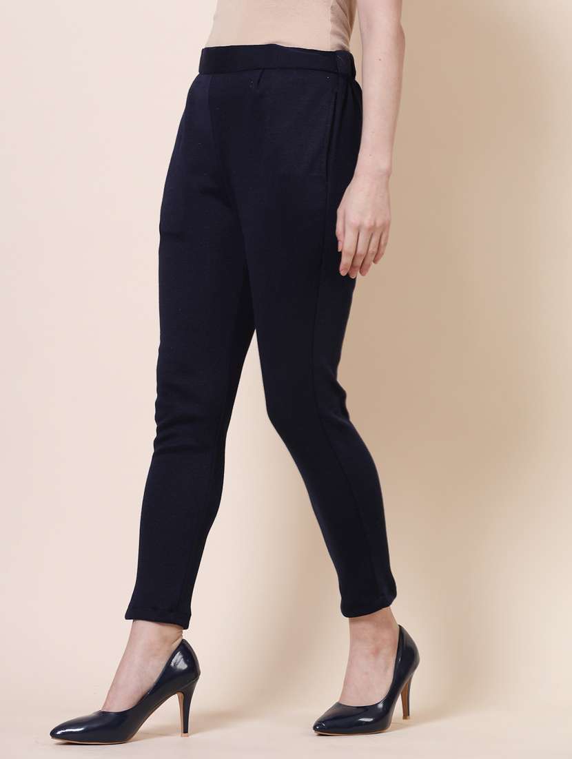 women navy blue wool flat front trouser - 20535210 -  Standard Image - 1
