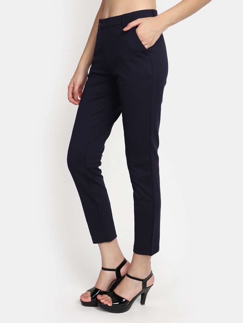 women solid navy blue flat front trouser - 20536304 -  Standard Image - 1