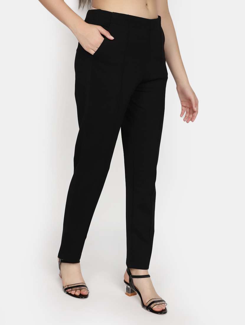 women solid black flat front trouser - 20536308 -  Standard Image - 1