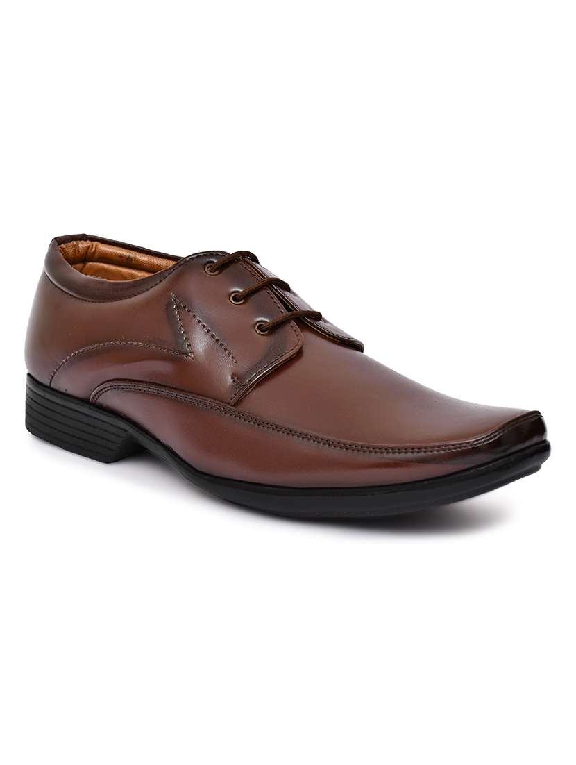 men brown solid lace up derby