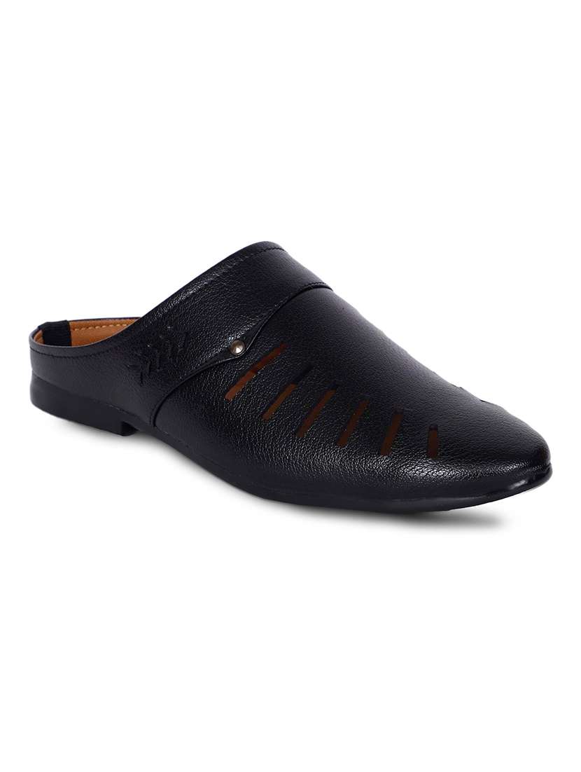 men solid black slip on mule