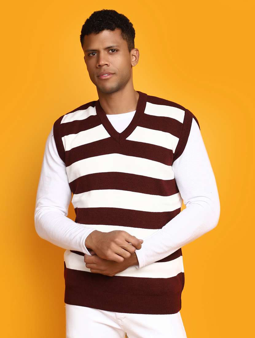men burgundy & white striped pullover