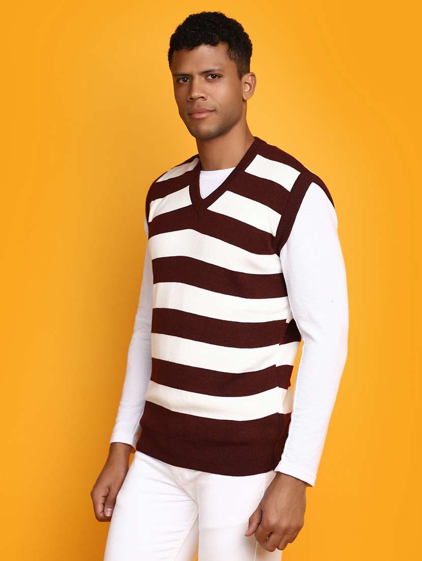 men burgundy & white striped pullover - 20536555 -  Standard Image - 1