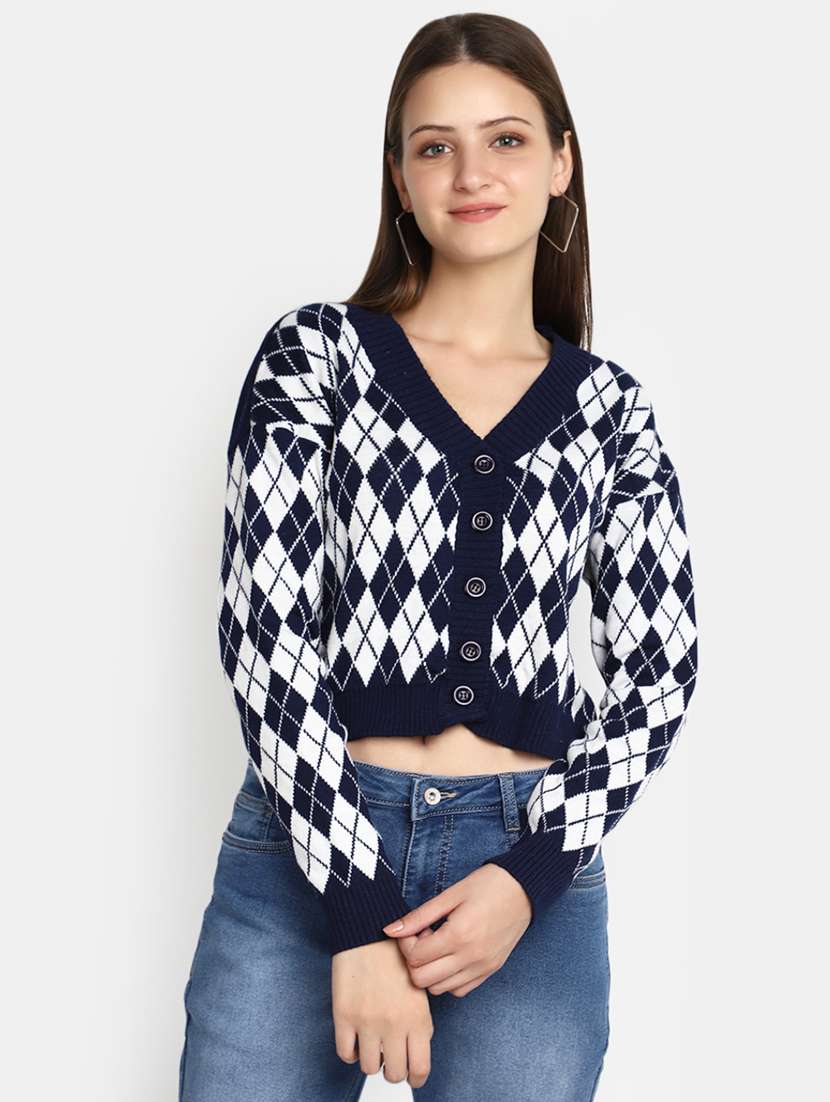 v-neck navy blue acrylic cardigan