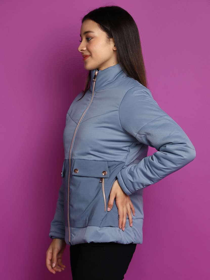 women solid stand collar bomber jacket - 20539574 -  Standard Image - 1