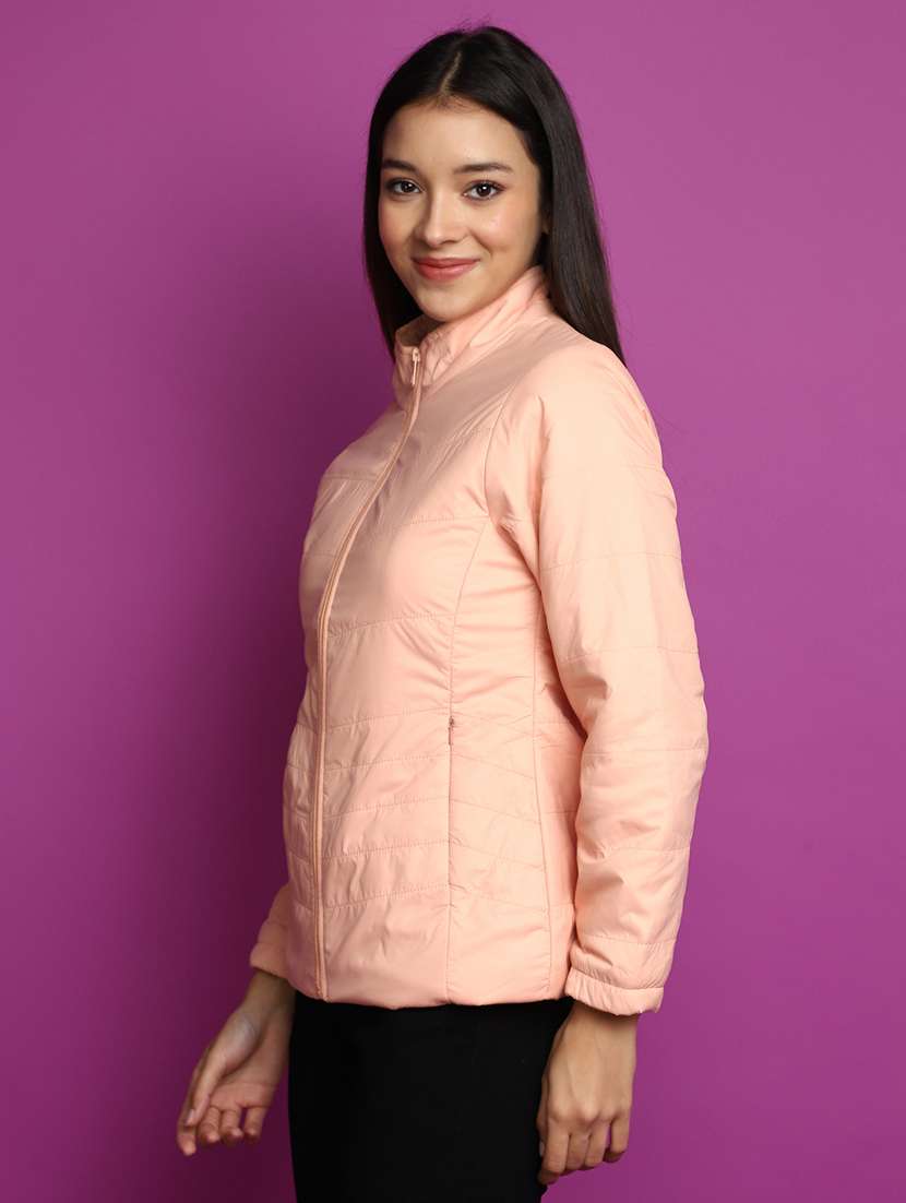 women solid stand collar quilted jacket - 20539576 -  Standard Image - 1