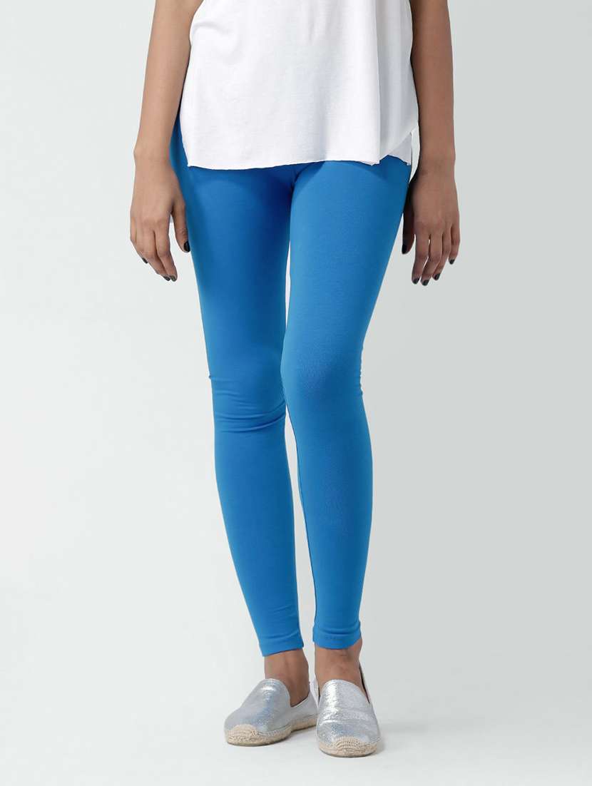 women solid blue cotton blend legging