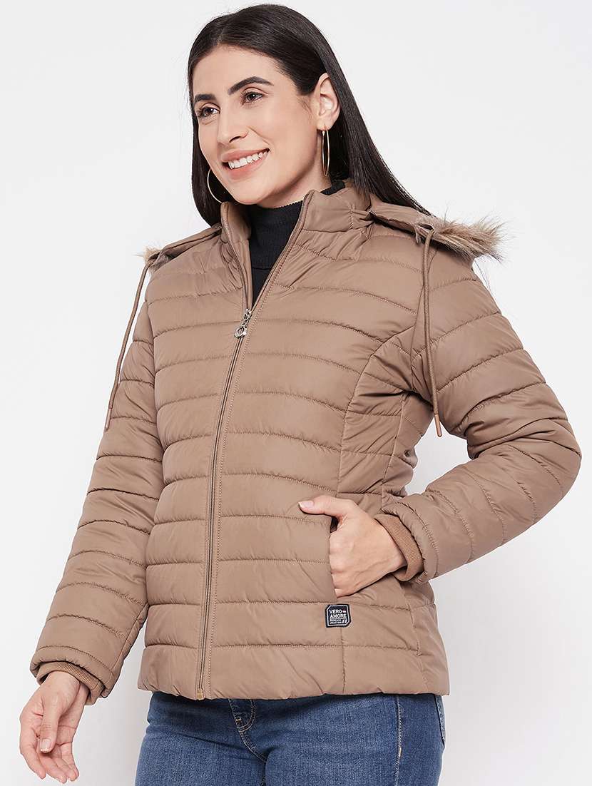 women solid fur hooded parka jacket - 20542124 -  Standard Image - 1