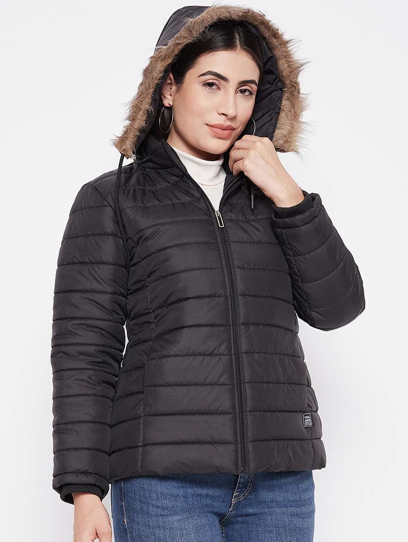 women solid fur hooded parka jacket - 20542125 -  Standard Image - 1