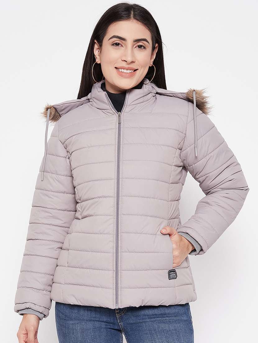 women solid grey fur hooded parka jacket